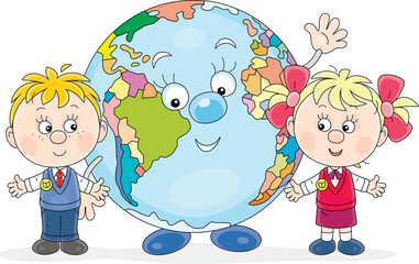 Little schoolboy and schoolgirl with funny cartoony Globe friendly smiling and waving in greeting, vector cartoon illustration on a white background