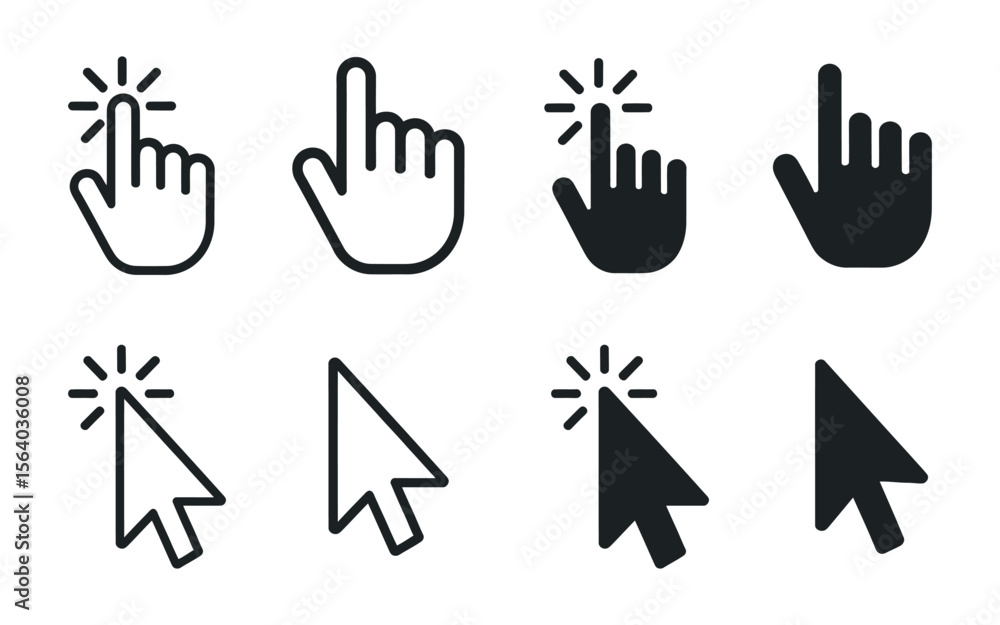 Poster collection of hand and arrow cursor icons for clicking and selecting on computer screens set various