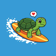 Obraz premium Adorable cartoon turtle happily surfing on a surfboard with a heart above its head vector illustration