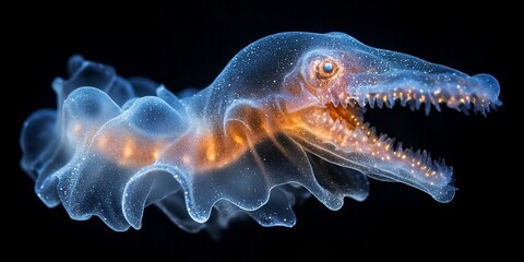 Mystical bioluminescent deep-sea predator with translucent body and orange glowing digestive tract