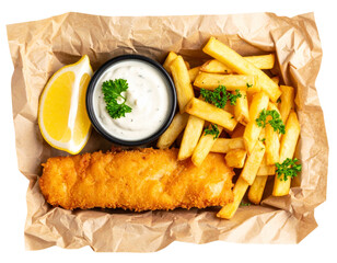 Top View of Traditional English Fish and Chips with Lemon Wedge and Tartare Sauce, isolated on transparent background