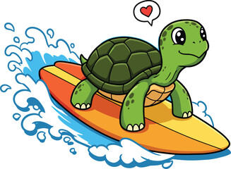 Fototapeta premium Cute cartoon turtle surfing on a wave with a heart symbol above its head vector illustration
