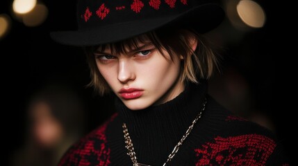 Intense gaze of a model wearing a patterned hat, turtleneck sweater, and chain, creating a captivating visual statement of style.