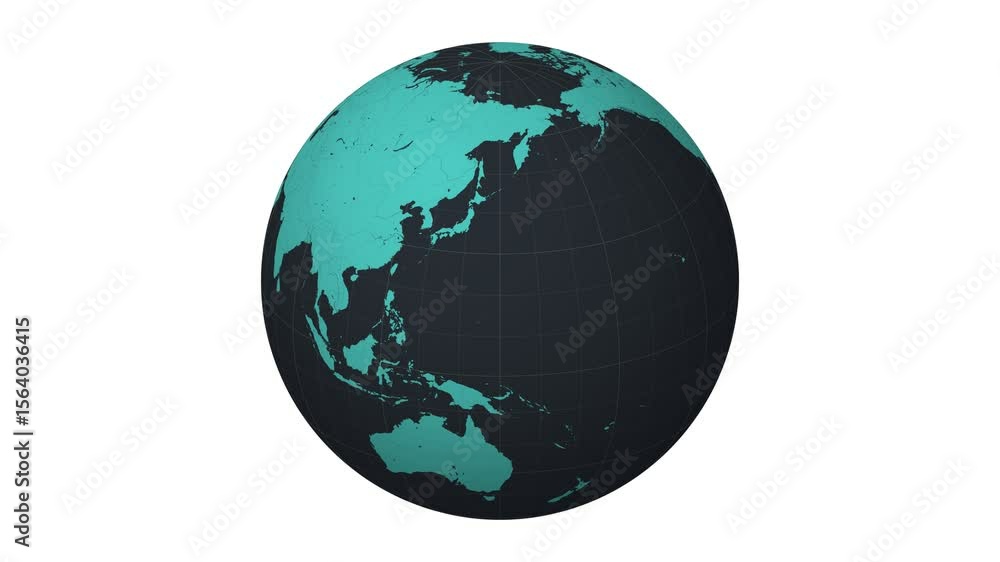 Poster spinning globe. dark charcoal turquoise color palette. planet rotation animation. world map with mer