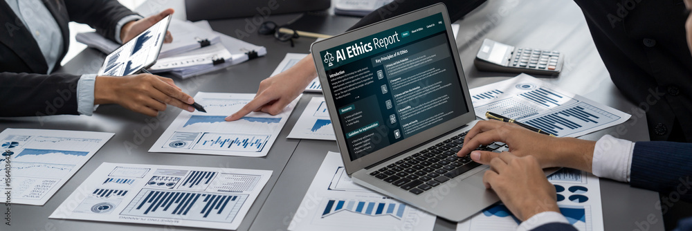 Poster ai ethics responsibility standard law and rules on computer screen provide report of ai ethic transp