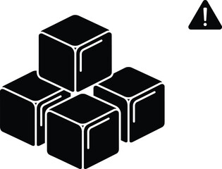 Stack of Four Isometric Cubes with Warning Triangle Icon, Symbolizing Potential Issues with Data Blocks, Storage Limits, Construction Hazards, or Problematic Inventory Management