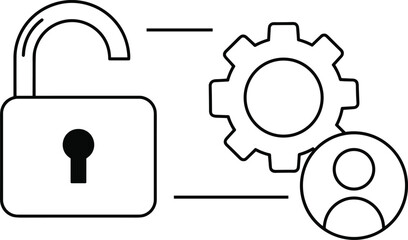 Unlock access icon, security settings symbol, user management, digital login, gear configuration, privacy control, online safety, data protection, user profile, secure system interface icon