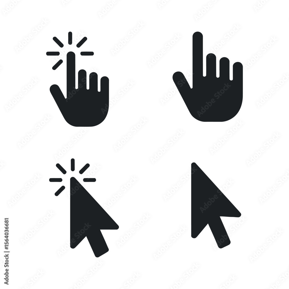 Poster four different hand and mouse cursor icons for user interface design set four simple hand mouse curs