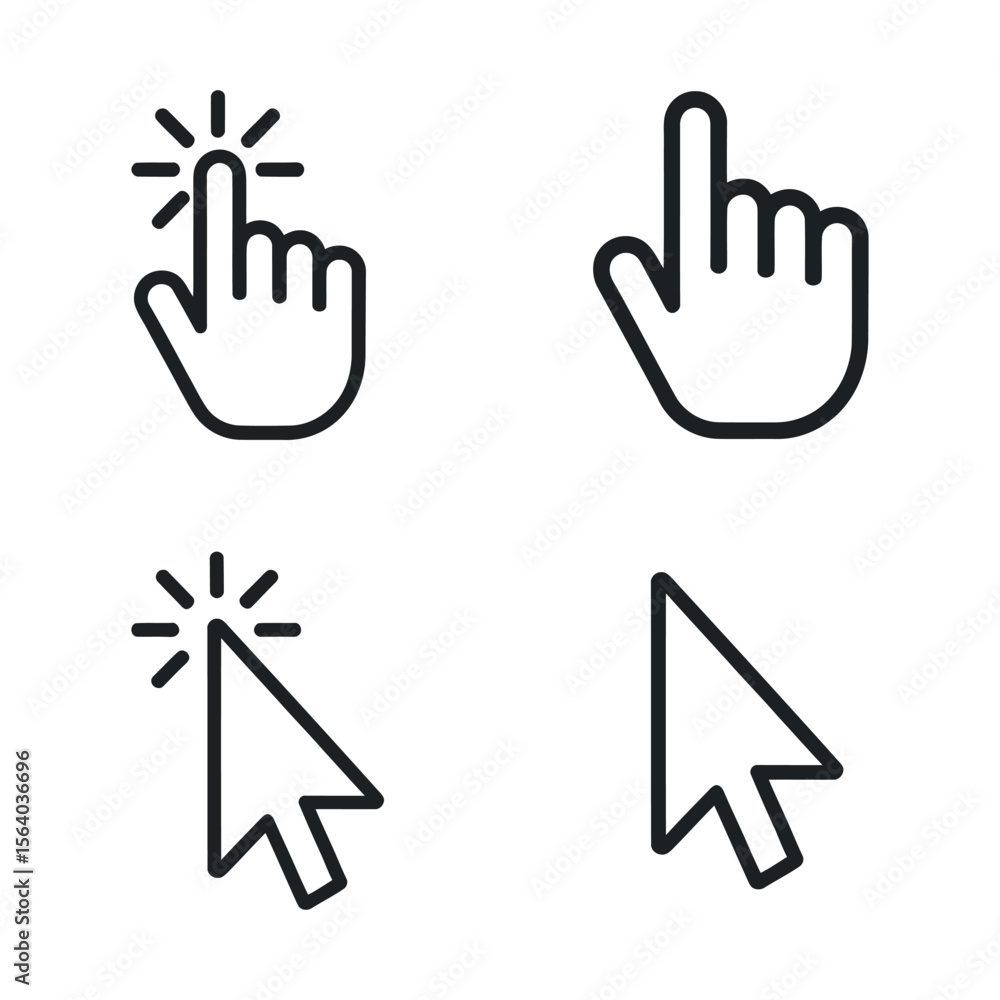 Fototapete Four different cursor icons for computer mouse or touch screen interaction Simple black line representing actions hand pointer click select icon interface design