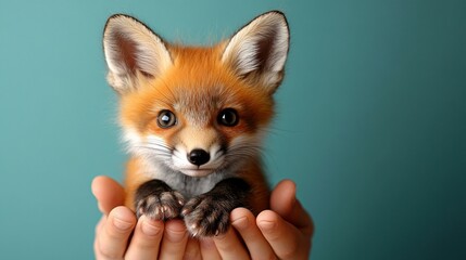 Obraz premium Tiny red fox cub held in hands against teal background