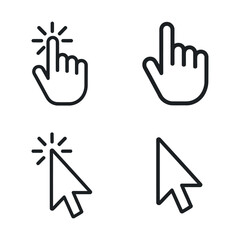 Four different cursor icons for computer mouse or touch screen interaction Simple black line representing actions hand pointer click select icon interface design