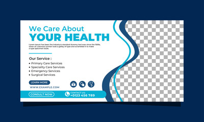 Blue and white health care modern horizontal banner template