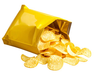Yellow Potato Chip Bag with Chips Spilling Out, isolated on transparent background