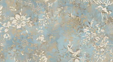 Soft blue vintage floral wallpaper pattern with beige and white flowers, ideal for classic interior designs, elegant wall coverings, and decorative backgrounds.

