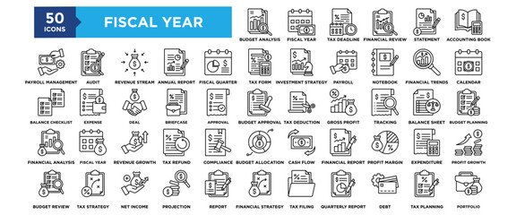 50 Fiscal Year icon set. Containing design Budget Analysis, Fiscal Year, Tax Deadline, Financial Review, Income Statement, Accounting Book