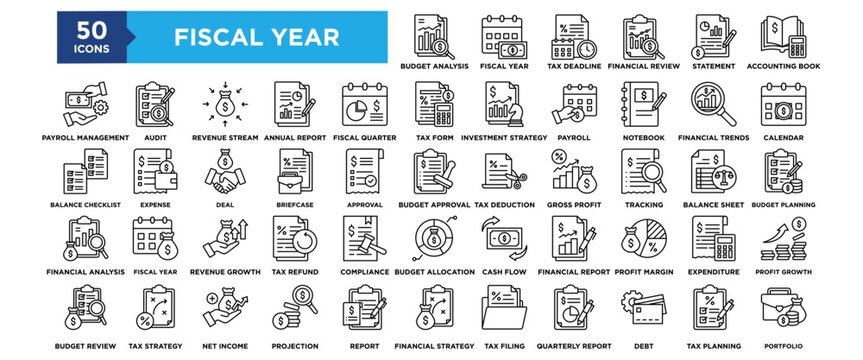 50 Fiscal Year icon set. Containing design Budget Analysis, Fiscal Year, Tax Deadline, Financial Review, Income Statement, Accounting Book
