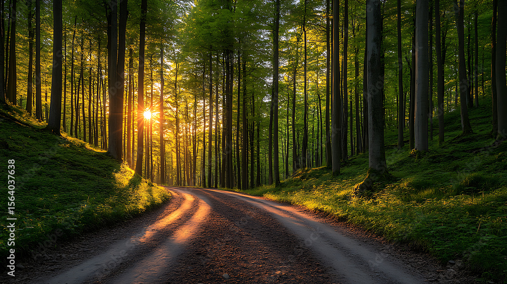 Poster sunlight streaming through tall trees along a forest path creating a serene and peaceful atmosphere