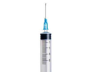 Close-Up of Medical Syringe with Droplet on Needle Tip, isolated on white background