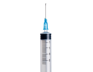 Close-Up of Medical Syringe with Droplet on Needle Tip, isolated on white background