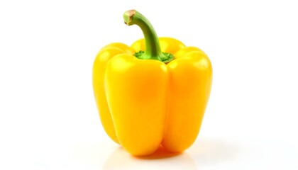 yellow bell pepper with water droplets , green stem, on a white background