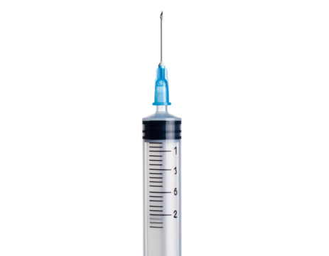 Close-Up of Medical Syringe with Droplet on Needle Tip, isolated on white background