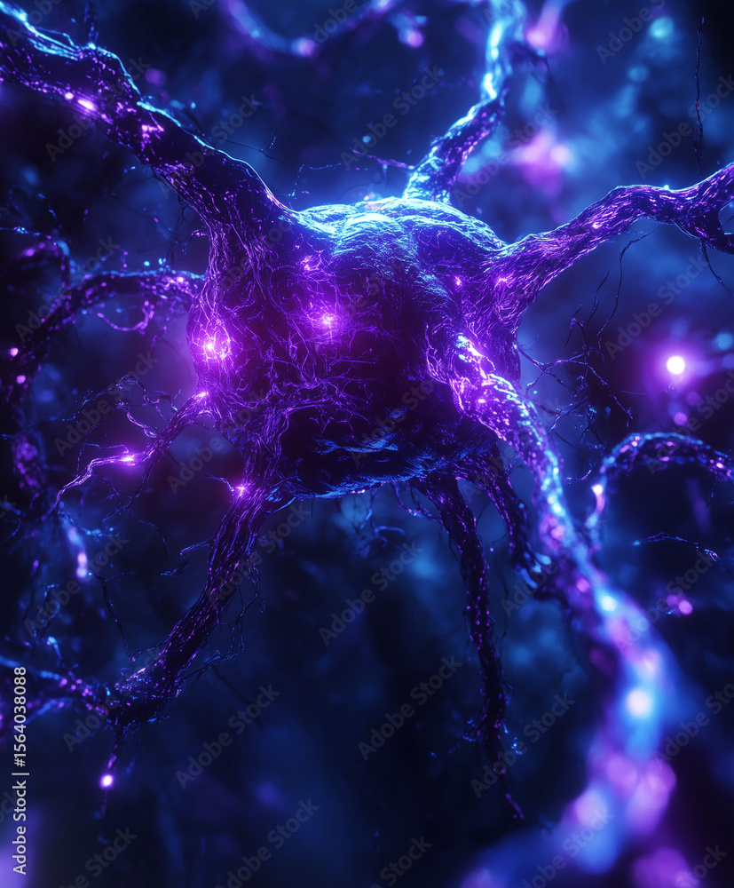 Poster highly detailed digital visualization of neuron, showcasing intricate connections and vibrant colors