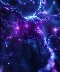 highly detailed digital visualization of neuron, showcasing intricate connections and vibrant colors. glowing purple and blue hues create captivating and dynamic representation of neural activity