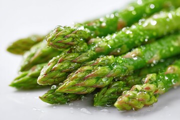 Fresh green asparagus tips glistening with moisture ready for culinary use in spring dishes