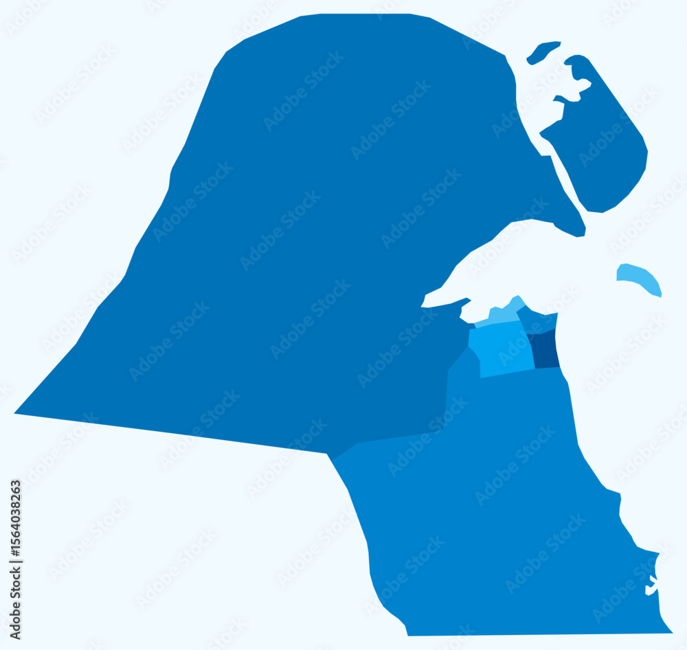 Poster map of kuwait with regions. just a simple country border map with region division. light blue color 