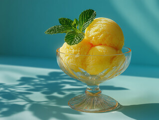 Creamy mango sorbet served in glass bowl, garnished with fresh mint leaves, against vibrant blue background. refreshing treat perfect for warm days