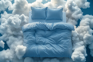 cozy blue bedding set rests atop fluffy cloud backdrop, creating serene and dreamy atmosphere. soft textures invite relaxation and comfort, perfect for peaceful night sleep