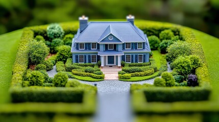 Detailed miniature house with manicured lawn, showcasing architectural detail and landscape design in a charming and small setting.