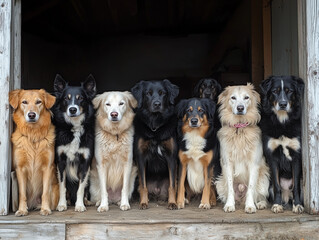 group of dogs sitting together, showcasing various breeds and colors, exuding sense of camaraderie and loyalty. Their attentive expressions create heartwarming scene