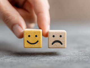 Happy and sad face cubes held by hand, symbolizing emotions and choices. This captures contrast between joy and sadness, evoking sense of reflection