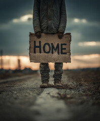person standing on road holding cardboard sign that says HOME, evoking feelings of longing and hope. background features cloudy sky and rural landscape