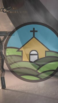 Composite video of church icon and spot of light against rosary over holy bible