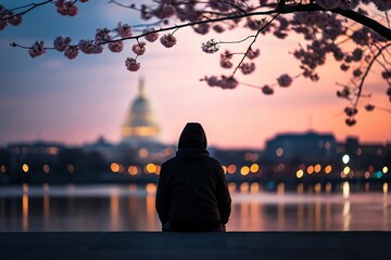 Lone Figure in Hoodie Watching Capitol Dome at Sunrise &ndash; Washington DC Cherry Blossom Scene"


