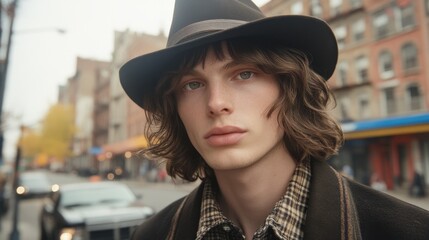 Urban Portrait: A young person with a hat and plaid shirt, posed in an urban setting with city buildings and a street scene blurred in the background.