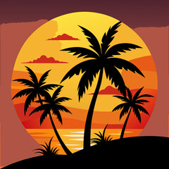 Vibrant sunset over tropical beach with silhouetted palm trees