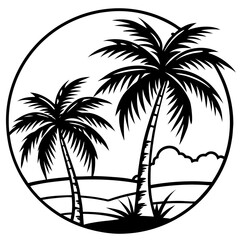 Circular silhouette of two palm trees on a tropical beach landscape