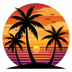 Vibrant sunset silhouette of palm trees on a tropical island