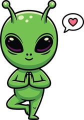 Obraz premium Cute cartoon alien doing a yoga pose with a heart in a speech bubble vector illustration