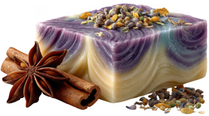 Artisan lavender scented soap bar with star anise and cinnamon isolated on transparent background