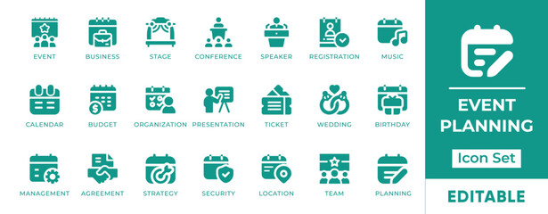 Event Planning Icon Set. Features icons of scheduling, invitations, catering, logistics, guest list, venue setup, and checklists. Perfect for events, business, and marketing.