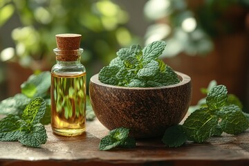 Small bottle of mint essential oil with mint leaves in mortar