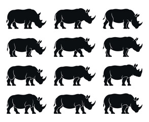 Silhouette Collection of Different Rhinoceros Profiles Nine black rhinoceros silhouettes various profile views rhinoceros rhino silhouette wildlife animal africa mammal profile illustration vector