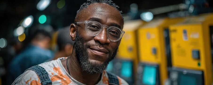 Smiling man wearing glasses in a workshop environment with bright lighting