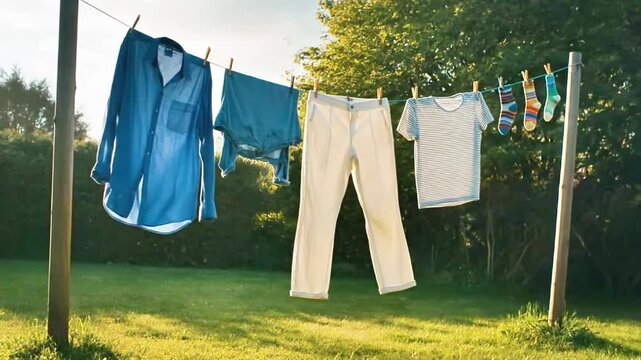Freshly washed clothes drying on a clothesline outdoors in the sun, gentle breeze in a green garden, eco-friendly laundry, clean lifestyle, and summer freshness

