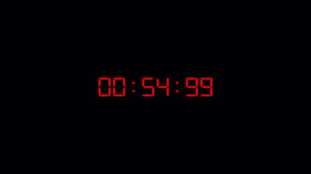 One minute digital countdown timer animation, digital stopwatch countdown with minutes, seconds, milliseconds  from 60 to 0 seconds on transparent background, Countdown video with alpha channel.