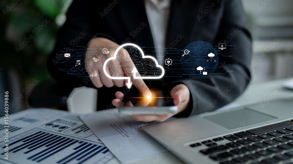 Poster cloud computing enables digital growth with secure data storage, scalable infrastructure, and strate